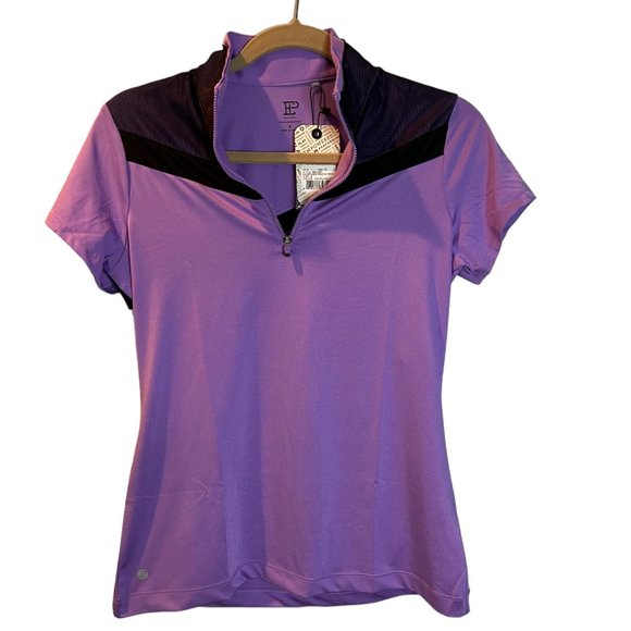 EP Pro NY Cap Sleeve Mesh‎ Overlay Contrast Trim Zip Mock Women's Golf Polo - Picture 3 of 12